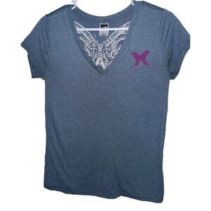 The North Face Womens V Neck T Shirt Sz S Blue Butterfly Burnout Back